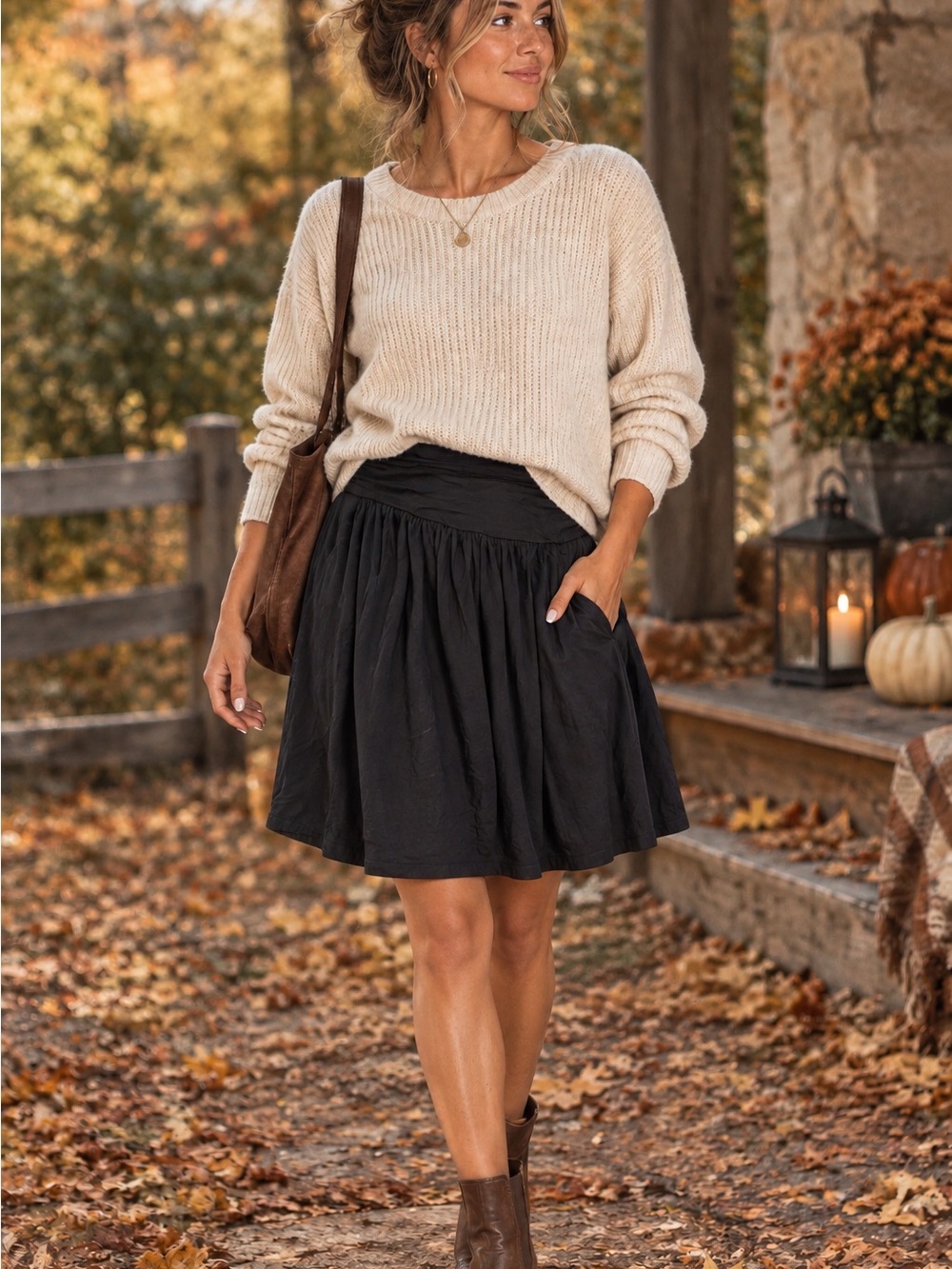 Black Knee-Length A-Line Skirt Size Large Pockets High Waist Fall Fashion